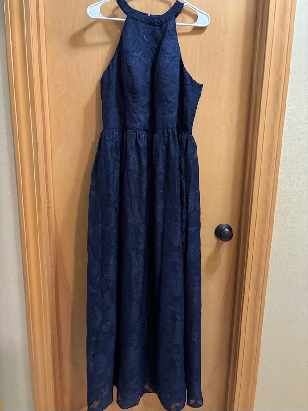 Class and Fashion - Dark Navy Floral Jacquard Halter Maxi Gown!!